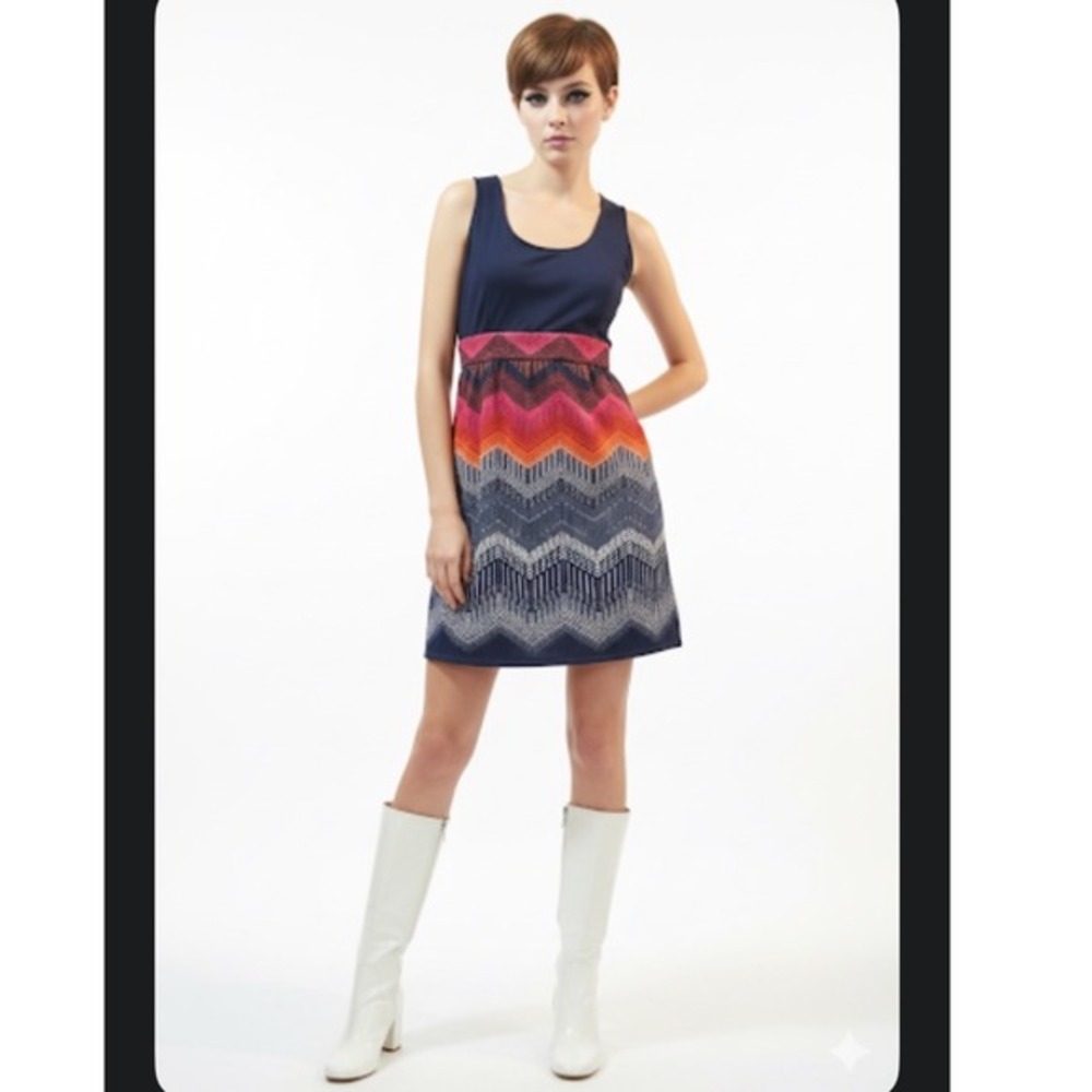 Tabitha Anthropologie Navy Chevron Fit Flare Dress Sleeveless Pockets Size 4